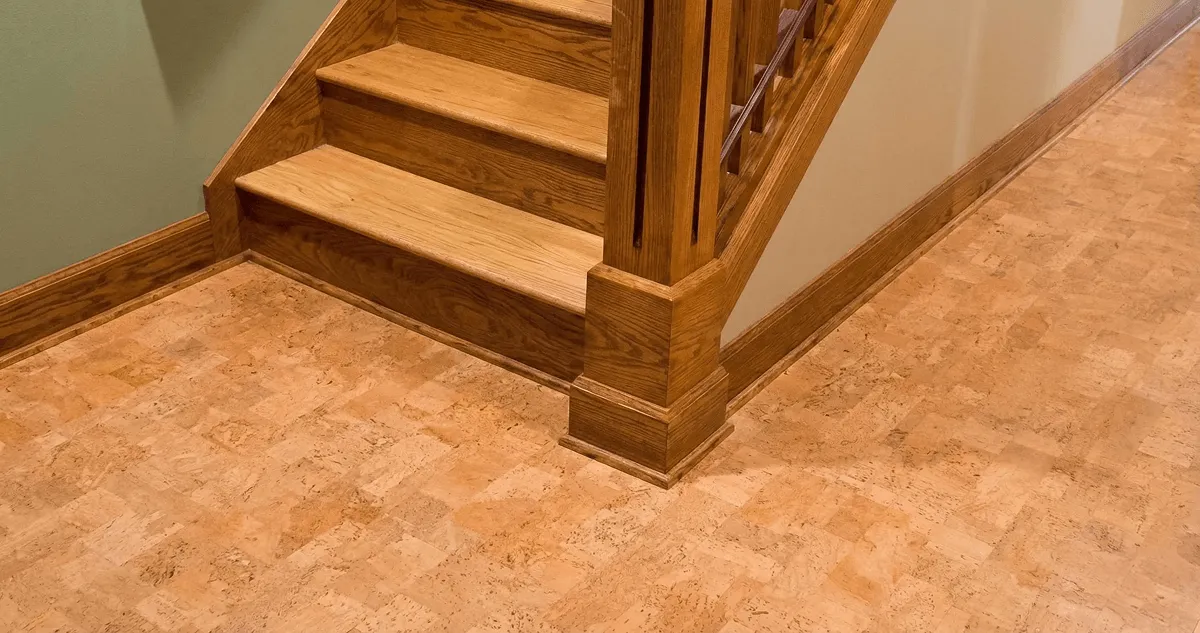 End of a staircase with cork flooring in Oakland, CA